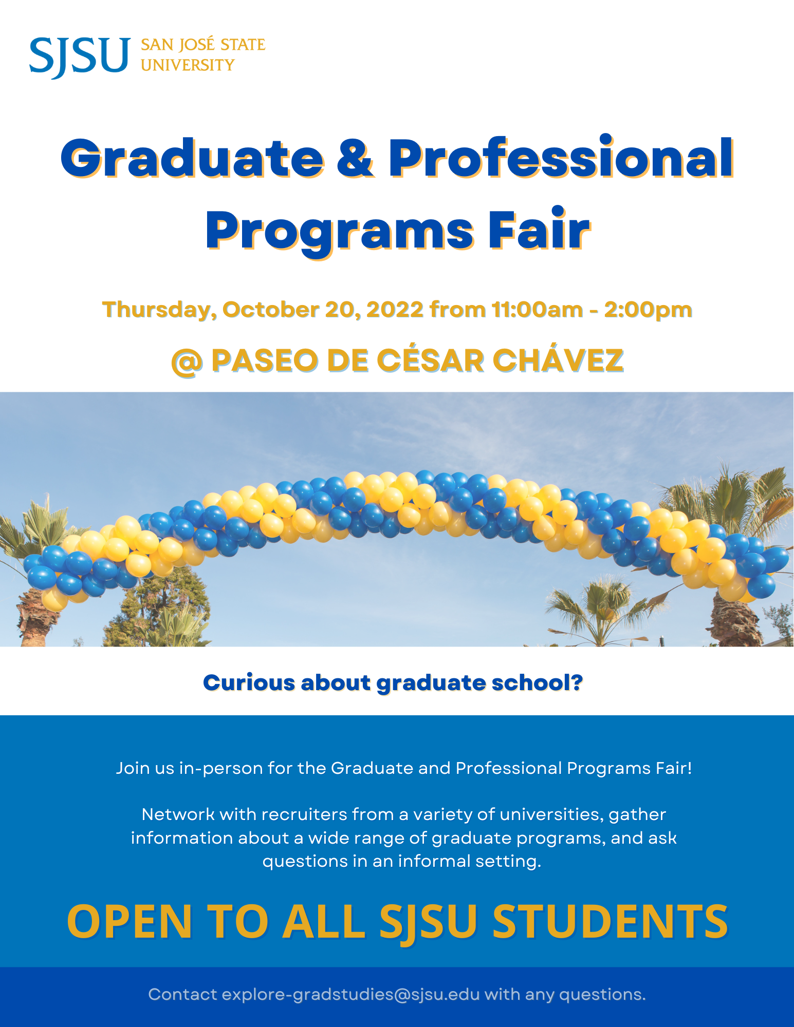 A graphic for the department's graduate programs fair. It is Thursday, October 20th, 2022 at Paseo de Cesar Cahvez.