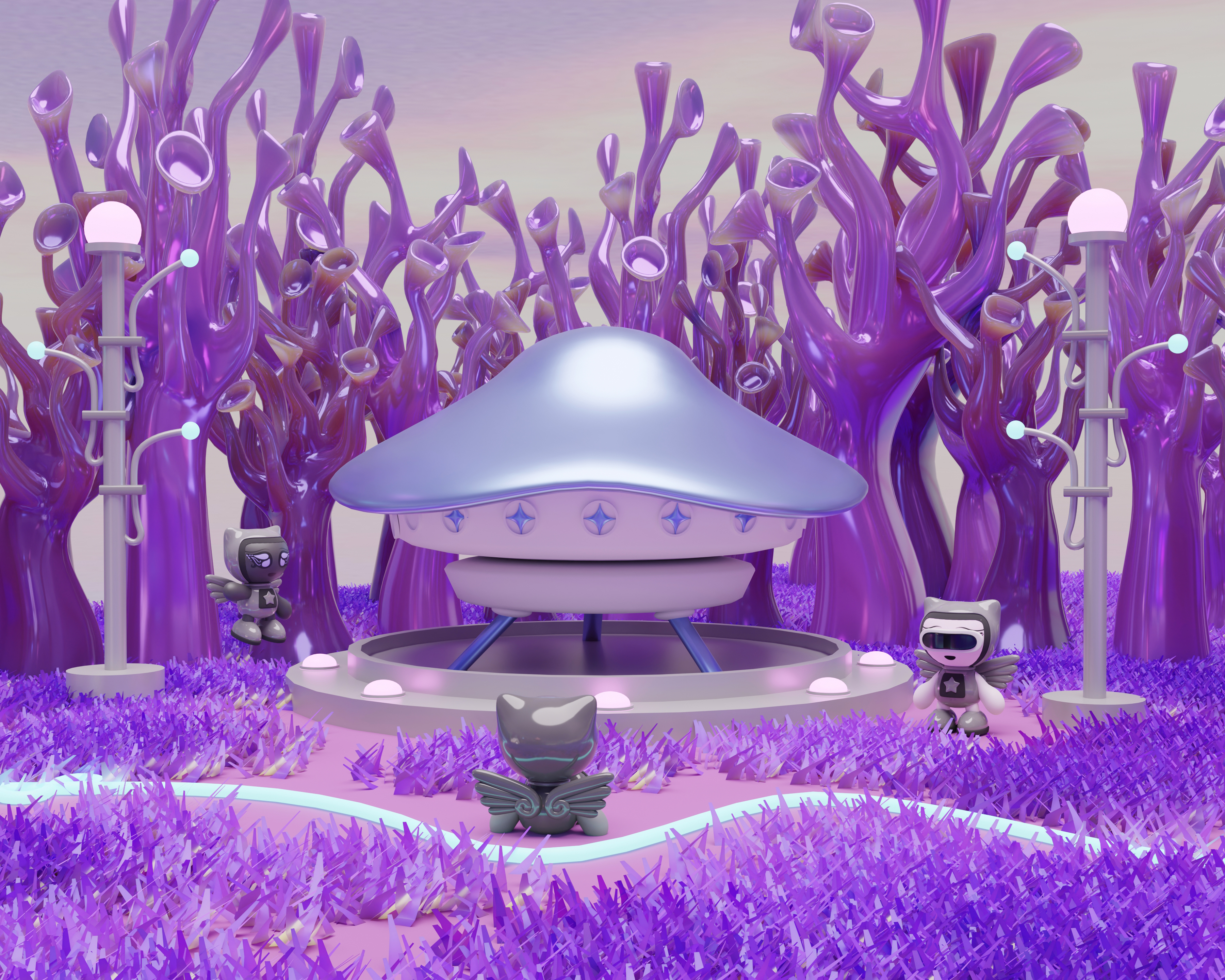 Pixies conversing about adventures near a mushroom UFO