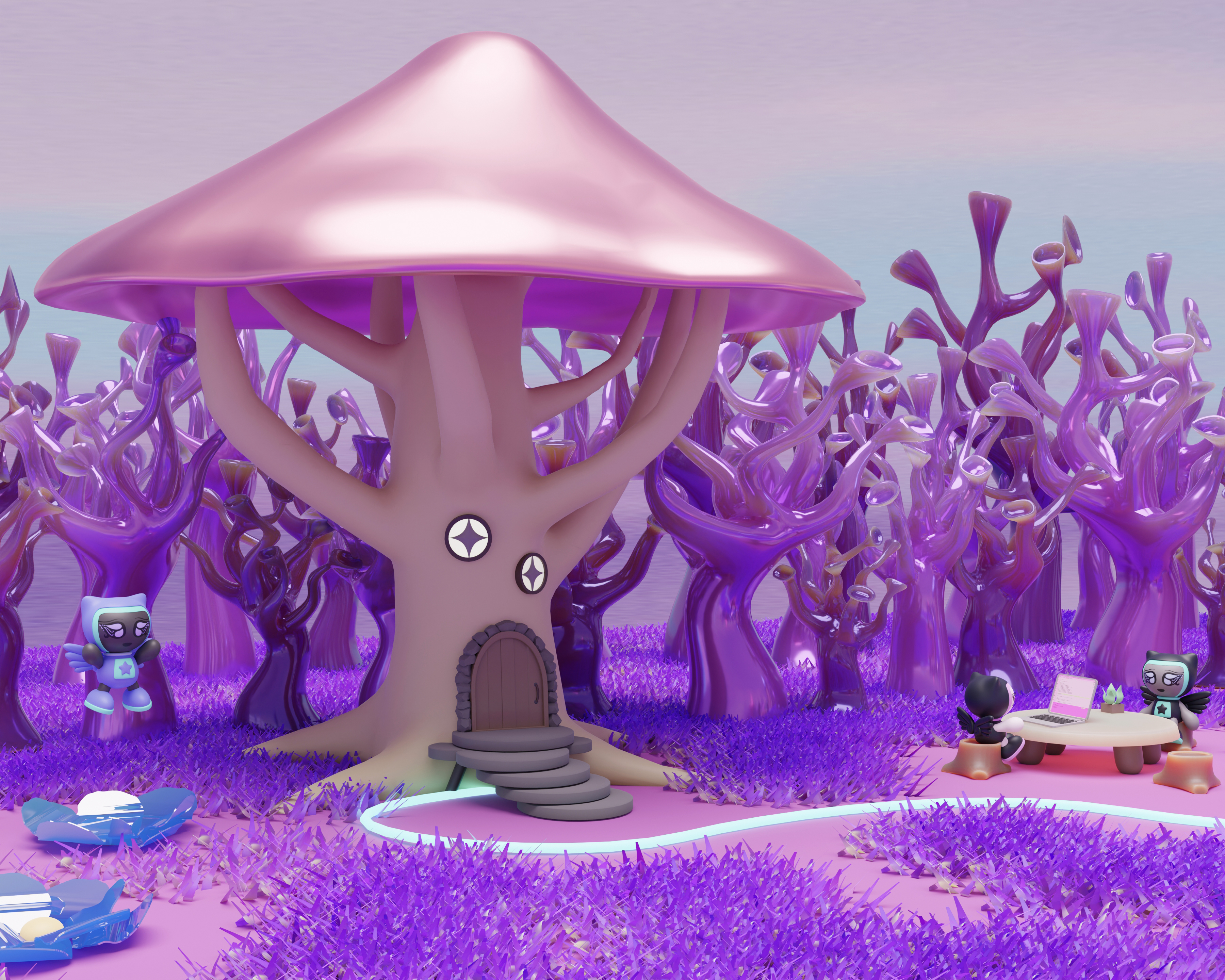 Pixies spending time near their mushroom tree home